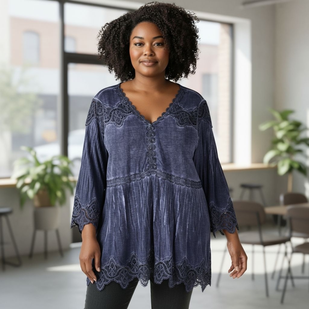 Soft Surroundings Midnight Blue Tunic Top Viscose Lace Elegant Lace Trimmed 3X